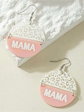 New Pink White Leopard Cheetah ’Mama’ Cute Round Drop Earrings - Mom Mother Gift